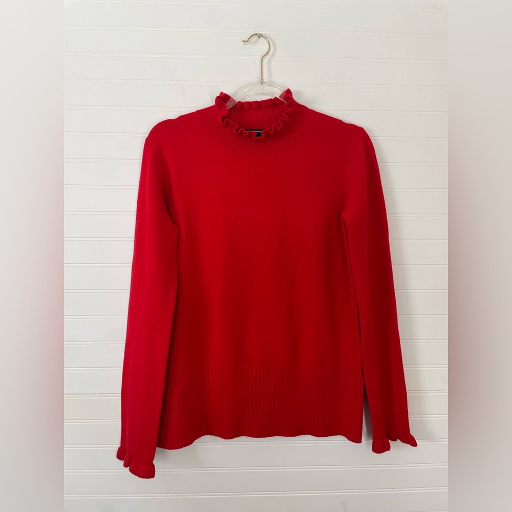 French Connection Red Ruffle Trim Turtleneck Sweater Size Medium